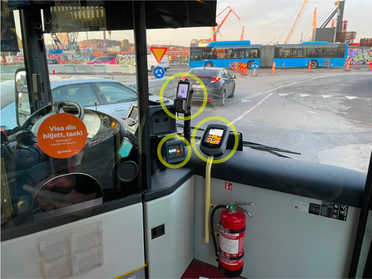 Passengers encounter three different machines when boarding the bus