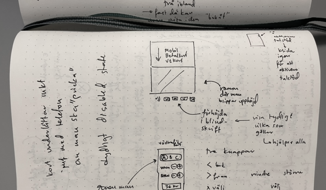 Hand-drawn sketches of the interface in a notebook